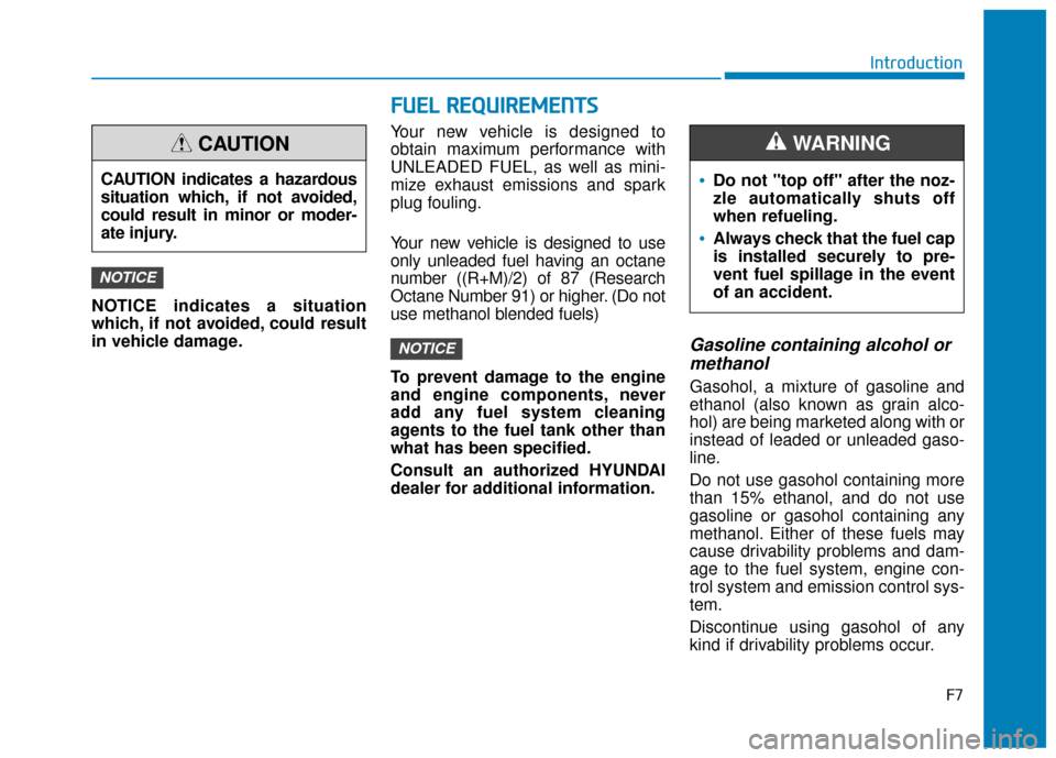 Hyundai Sonata 2019  Owners Manual F7
Introduction
F
FU
U E
EL
L 
 R
R E
EQ
Q U
UI
IR
R E
EM
M E
EN
N T
TS
S
NOTICE indicates a situation
which, if not avoided, could result
in vehicle damage. Your new vehicle is designed to
obtain max