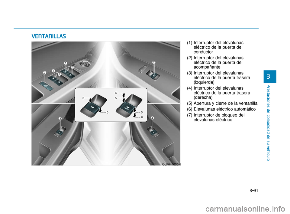 Hyundai Sonata 2019 Manual del propietario (in Spanish) 3-31
Prestaciones de comodidad de su vehículo
3
(1) Interruptor del elevalunaseléctrico de la puerta del
conductor
(2) Interruptor del elevalunas eléctrico de la puerta del
acompañante
(3) Interru Hyundai Sonata 2019 Manual del propietario (in Spanish) 3-31
Prestaciones de comodidad de su vehículo
3
(1) Interruptor del elevalunaseléctrico de la puerta del
conductor
(2) Interruptor del elevalunas eléctrico de la puerta del
acompañante
(3) Interru