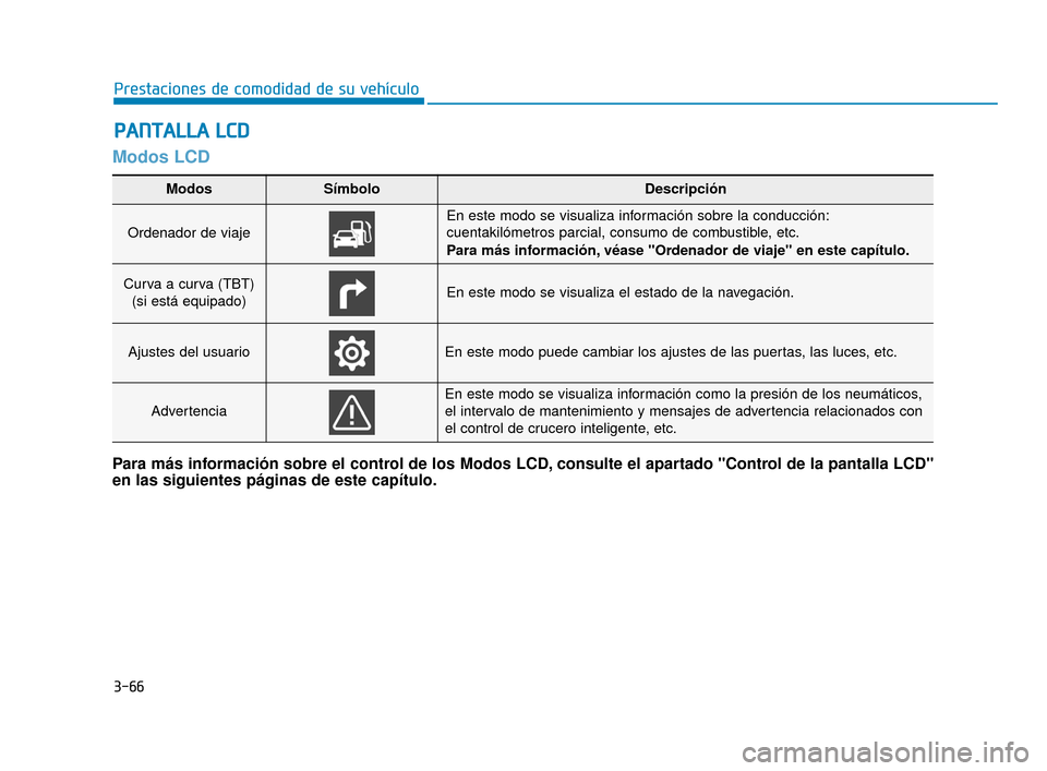 Hyundai Sonata 2019 Manual del propietario (in Spanish) 3-66
Prestaciones de comodidad de su vehículo
Modos LCD
P
PA
A N
N T
TA
A L
LL
LA
A
L
L C
C D
D
Modos SímboloDescripción
Ordenador de viaje
En este modo se visualiza información sobre la conduc Hyundai Sonata 2019 Manual del propietario (in Spanish) 3-66
Prestaciones de comodidad de su vehículo
Modos LCD
P
PA
A N
N T
TA
A L
LL
LA
A
L
L C
C D
D
Modos SímboloDescripción
Ordenador de viaje
En este modo se visualiza información sobre la conduc