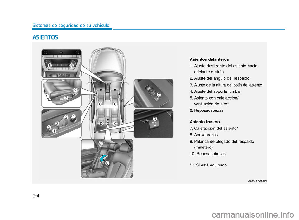 Hyundai Sonata 2019 Manual del propietario (in Spanish) 2-4
A
AS
SI
IE
E N
N T
TO
O S
S
Sistemas de seguridad de su vehículo
OLF037085N
Asientos delanteros
1. Ajuste deslizante del asiento hacia
adelante o atrás
2. Ajuste del ángulo del respaldo
3. Ajus Hyundai Sonata 2019 Manual del propietario (in Spanish) 2-4
A
AS
SI
IE
E N
N T
TO
O S
S
Sistemas de seguridad de su vehículo
OLF037085N
Asientos delanteros
1. Ajuste deslizante del asiento hacia
adelante o atrás
2. Ajuste del ángulo del respaldo
3. Ajus