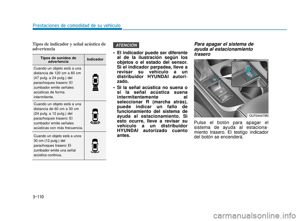 Hyundai Sonata 2019 Manual del propietario (in Spanish) 3-110
Prestaciones de comodidad de su vehículo
Tipos de indicador y señal acústica de
advertencia
El indicador puede ser diferenteal de la ilustración según los
objetos o el estado del sensor.
S Hyundai Sonata 2019 Manual del propietario (in Spanish) 3-110
Prestaciones de comodidad de su vehículo
Tipos de indicador y señal acústica de
advertencia
El indicador puede ser diferenteal de la ilustración según los
objetos o el estado del sensor.
S