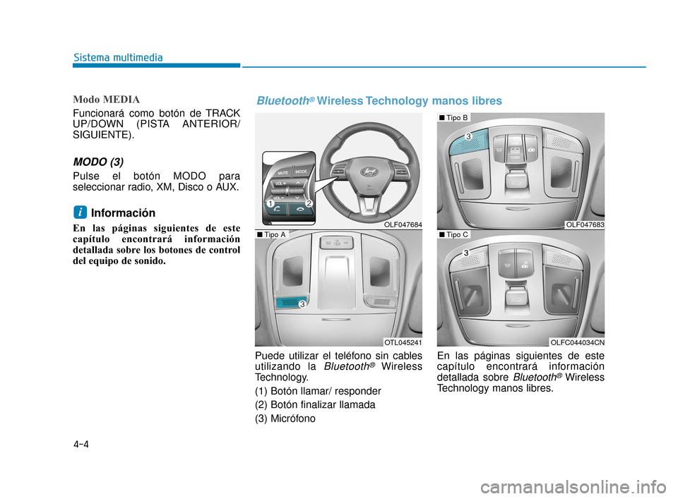 Hyundai Sonata 2019  Manual del propietario (in Spanish) 4-4
Modo MEDIA
Funcionará como botón de TRACK
UP/DOWN (PISTA ANTERIOR/
SIGUIENTE).
MODO (3)
Pulse el botón MODO para
seleccionar radio, XM, Disco o AUX.
Información 
En las páginas siguientes de 
