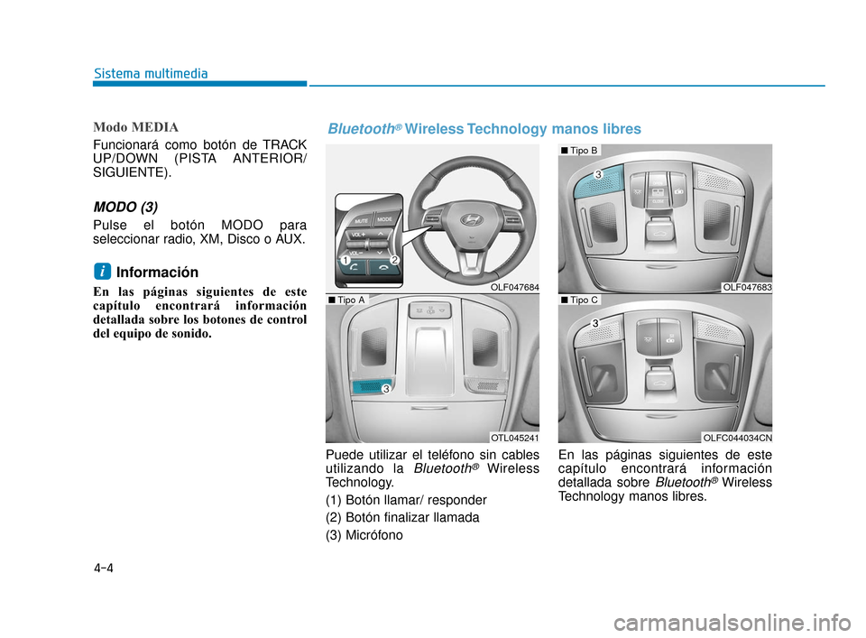 Hyundai Sonata 2019 Manual del propietario (in Spanish) 4-4
Modo MEDIA
Funcionará como botón de TRACK
UP/DOWN (PISTA ANTERIOR/
SIGUIENTE).
MODO (3)
Pulse el botón MODO para
seleccionar radio, XM, Disco o AUX.
Información
En las páginas siguientes de Hyundai Sonata 2019 Manual del propietario (in Spanish) 4-4
Modo MEDIA
Funcionará como botón de TRACK
UP/DOWN (PISTA ANTERIOR/
SIGUIENTE).
MODO (3)
Pulse el botón MODO para
seleccionar radio, XM, Disco o AUX.
Información
En las páginas siguientes de