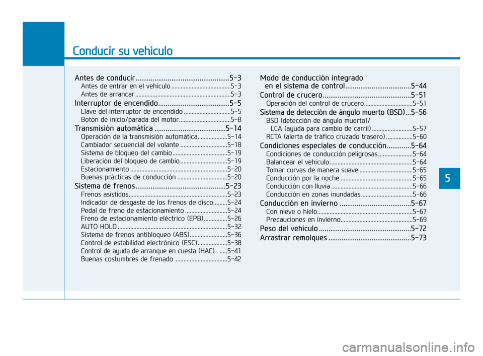 Hyundai Sonata 2019  Manual del propietario (in Spanish) Conducir su vehículo
5
Antes de conducir ..................................................5-3
Antes de entrar en el vehículo ......................................5-3
Antes de arrancar ............