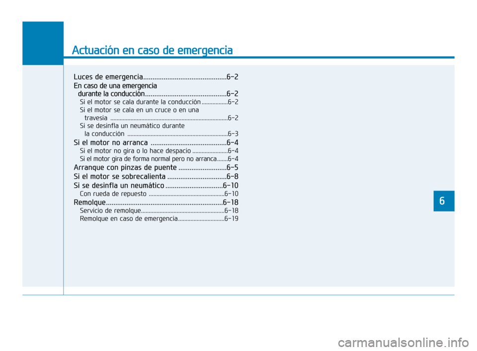 Hyundai Sonata 2019  Manual del propietario (in Spanish) Actuación en caso de emergencia
6
Luces de emergencia.............................................6-2
En caso de una emergencia durante la conducción ............................................6-2

