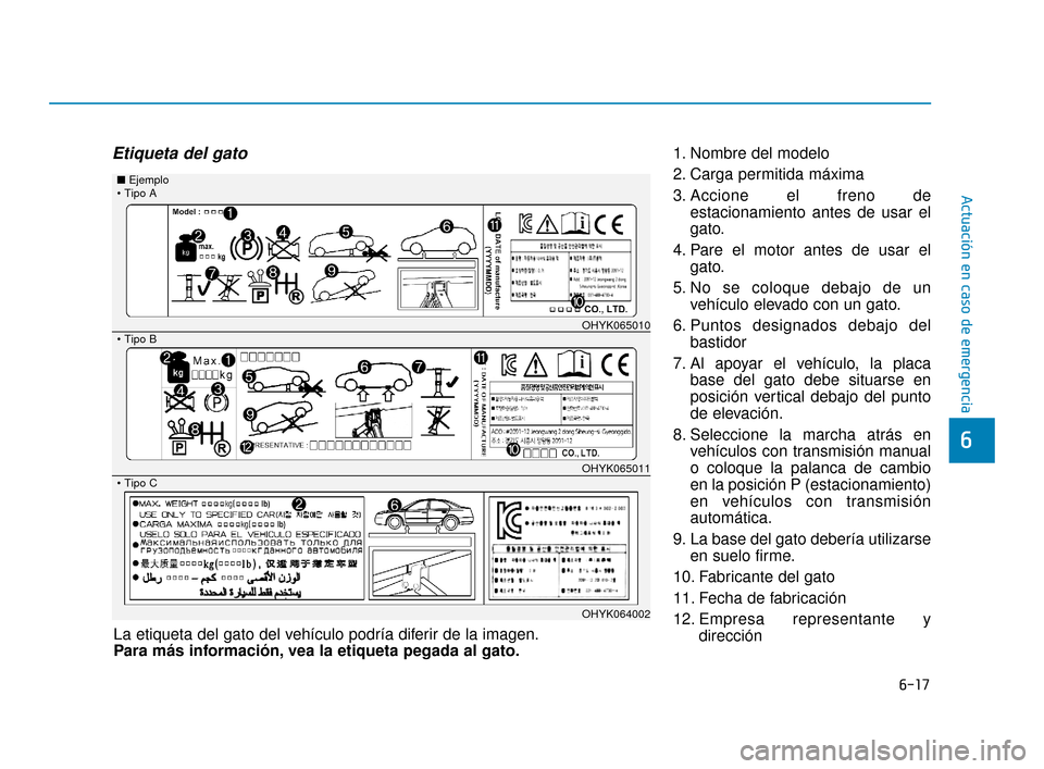 Hyundai Sonata 2019  Manual del propietario (in Spanish) 6-17
Actuación en caso de emergencia
6
Etiqueta del gato1. Nombre del modelo
2. Carga permitida máxima
3. Accione el freno deestacionamiento antes de usar el
gato.
4. Pare el motor antes de usar el 