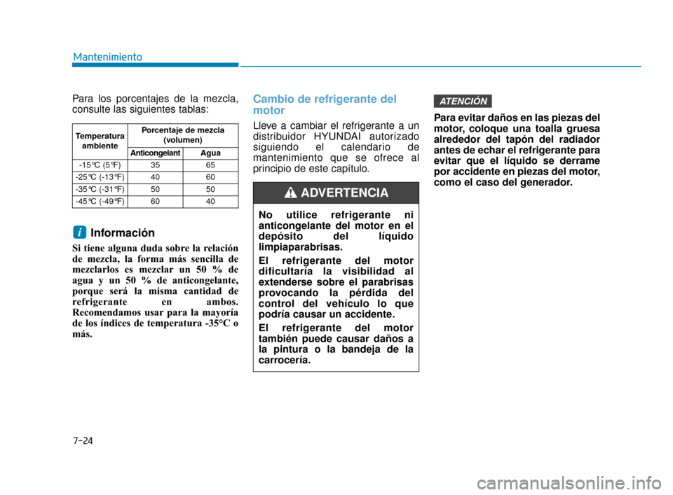 Hyundai Sonata 2019 Manual del propietario (in Spanish) 7-24
Mantenimiento
Para los porcentajes de la mezcla,
consulte las siguientes tablas:
Información
Si tiene alguna duda sobre la relación
de mezcla, la forma más sencilla de
mezclarlos es mezclar un Hyundai Sonata 2019 Manual del propietario (in Spanish) 7-24
Mantenimiento
Para los porcentajes de la mezcla,
consulte las siguientes tablas:
Información
Si tiene alguna duda sobre la relación
de mezcla, la forma más sencilla de
mezclarlos es mezclar un