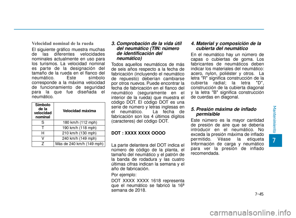 Hyundai Sonata 2019 Manual del propietario (in Spanish) 7-45
7
Mantenimiento
Velocidad nominal de la rueda
El siguiente gráfico muestra muchas
de las diferentes velocidades
nominales actualmente en uso para
los turismos. La velocidad nominal
es parte de l Hyundai Sonata 2019 Manual del propietario (in Spanish) 7-45
7
Mantenimiento
Velocidad nominal de la rueda
El siguiente gráfico muestra muchas
de las diferentes velocidades
nominales actualmente en uso para
los turismos. La velocidad nominal
es parte de l