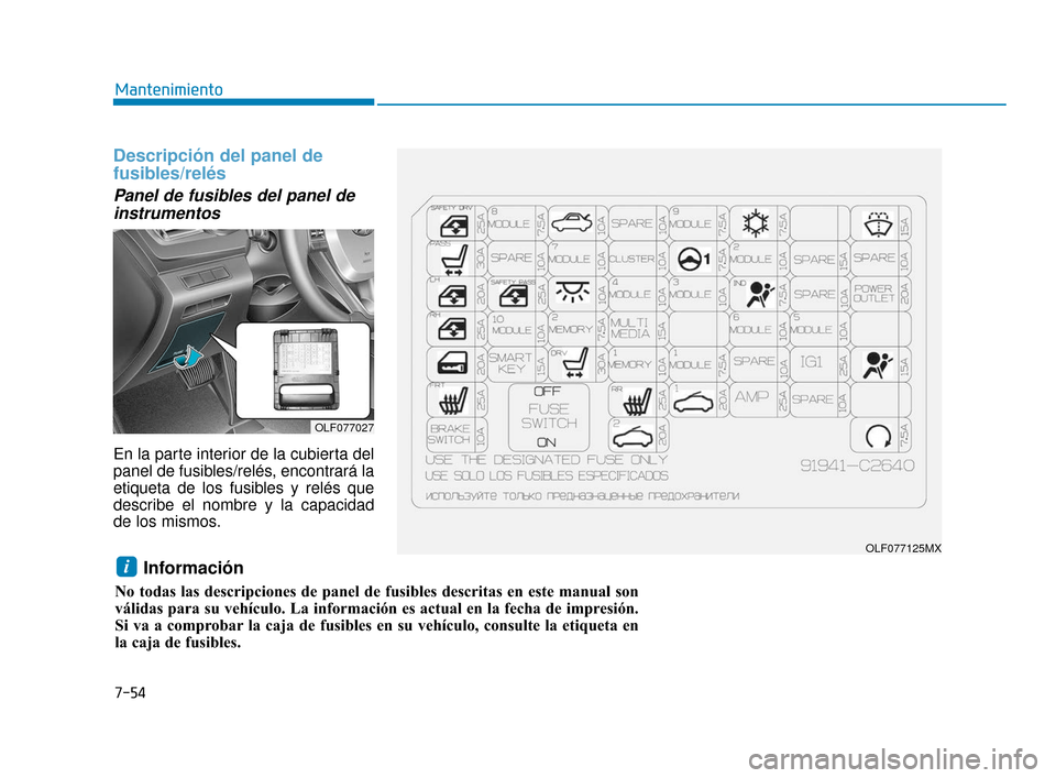 Hyundai Sonata 2019 Manual del propietario (in Spanish) 7-54
Mantenimiento
Descripción del panel de
fusibles/relés
Panel de fusibles del panel deinstrumentos
En la parte interior de la cubierta del
panel de fusibles/relés, encontrará la
etiqueta Hyundai Sonata 2019 Manual del propietario (in Spanish) 7-54
Mantenimiento
Descripción del panel de
fusibles/relés
Panel de fusibles del panel deinstrumentos
En la parte interior de la cubierta del
panel de fusibles/relés, encontrará la
etiqueta