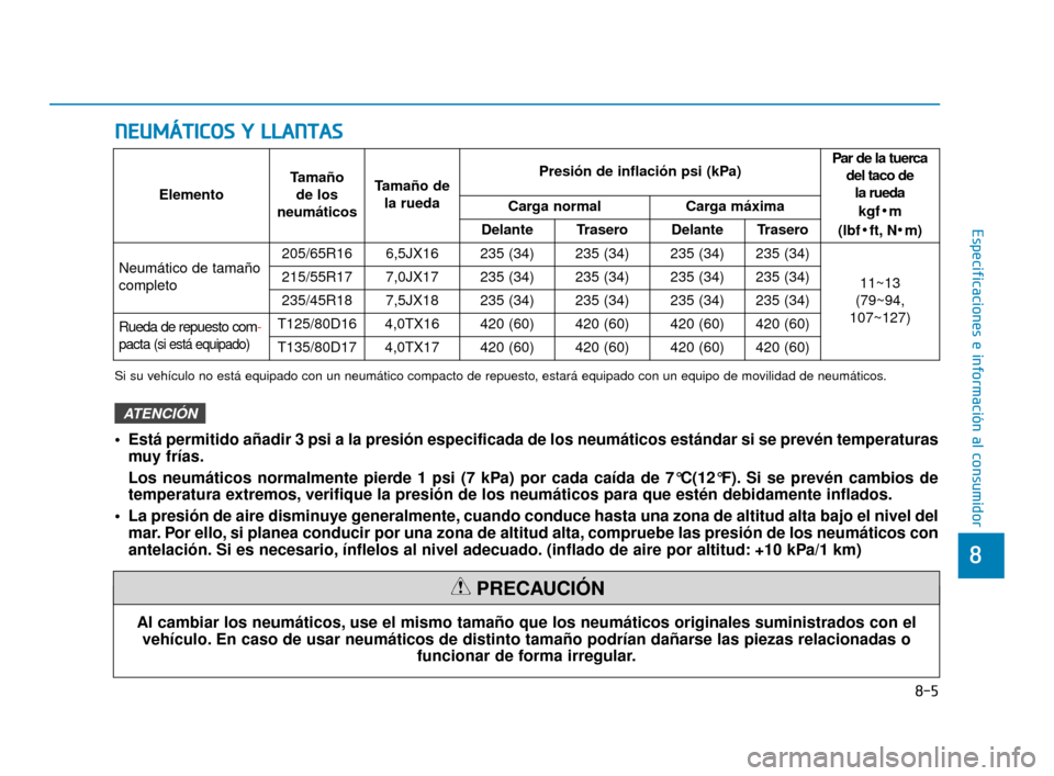 Hyundai Sonata 2019 Manual del propietario (in Spanish) 8-5
8
Especificaciones e información al consumidor
N
NE
EU
U M
M Á
ÁT
TI
IC
C O
O S
S
Y
Y
L
L L
LA
A N
N T
TA
A S
S
Si su vehículo no está equipado con un neumático compacto de repuesto, es Hyundai Sonata 2019 Manual del propietario (in Spanish) 8-5
8
Especificaciones e información al consumidor
N
NE
EU
U M
M Á
ÁT
TI
IC
C O
O S
S
Y
Y
L
L L
LA
A N
N T
TA
A S
S
Si su vehículo no está equipado con un neumático compacto de repuesto, es