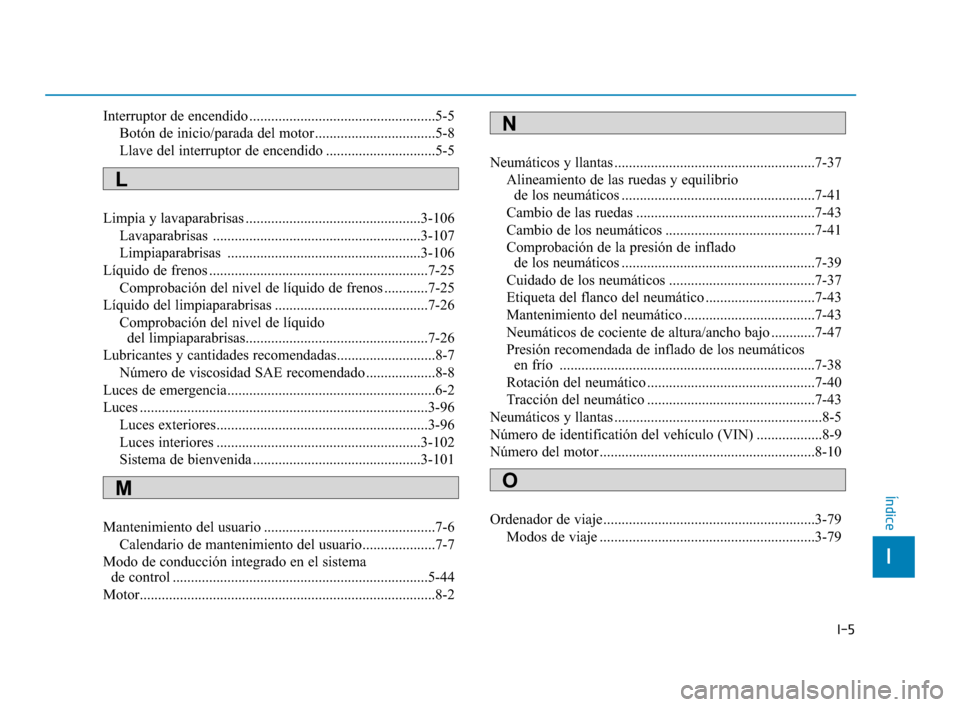 Hyundai Sonata 2019  Manual del propietario (in Spanish) I-5
Interruptor de encendido ...................................................5-5Botón de inicio/parada del motor .................................5-8
Llave del interruptor de encendido ...........