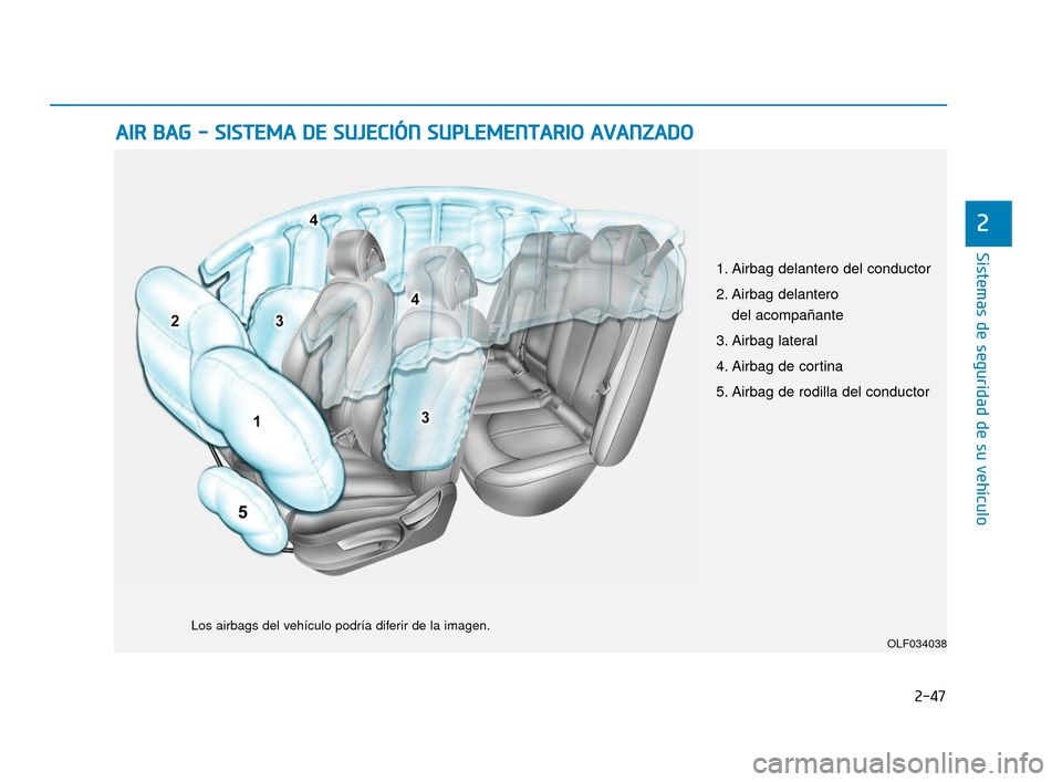 Hyundai Sonata 2019  Manual del propietario (in Spanish) 2-47
Sistemas de seguridad de su vehículo
2
A
AI
IR
R  
 B
B A
A G
G  
 -
-  
 S
S I
IS
S T
T E
EM
M A
A 
 D
D E
E 
 S
S U
U J
JE
E C
CI
IÓ
Ó N
N 
 S
S U
U P
PL
LE
E M
M E
EN
N T
TA
A R
RI
IO
O  
 