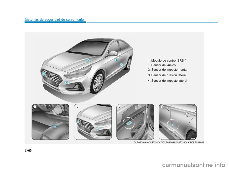 Hyundai Sonata 2019  Manual del propietario (in Spanish) 2-66
Sistemas de seguridad de su vehículo
1. Módulo de control SRS /Sensor de vuelco
2. Sensor de impacto frontal
3. Sensor de presión lateral  
4. Sensor de impacto lateral 
OLF037046N/OLF034047/O