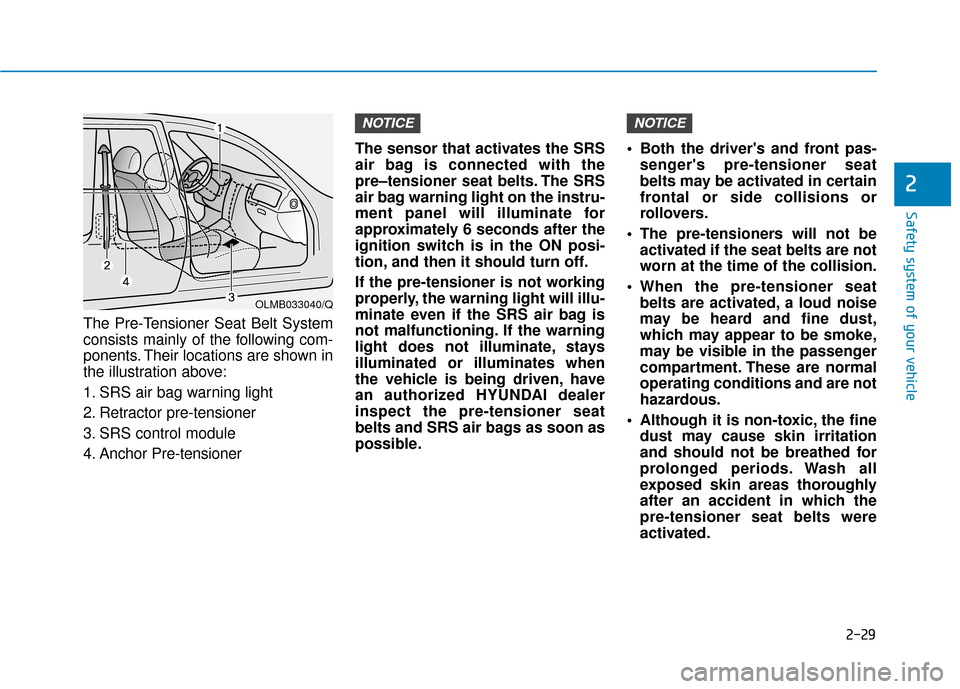 Hyundai Sonata 2018  Owners Manual 2-29
Safety system of your vehicle
2
The Pre-Tensioner Seat Belt System
consists mainly of the following com-
ponents. Their locations are shown in
the illustration above:
1. SRS air bag warning light