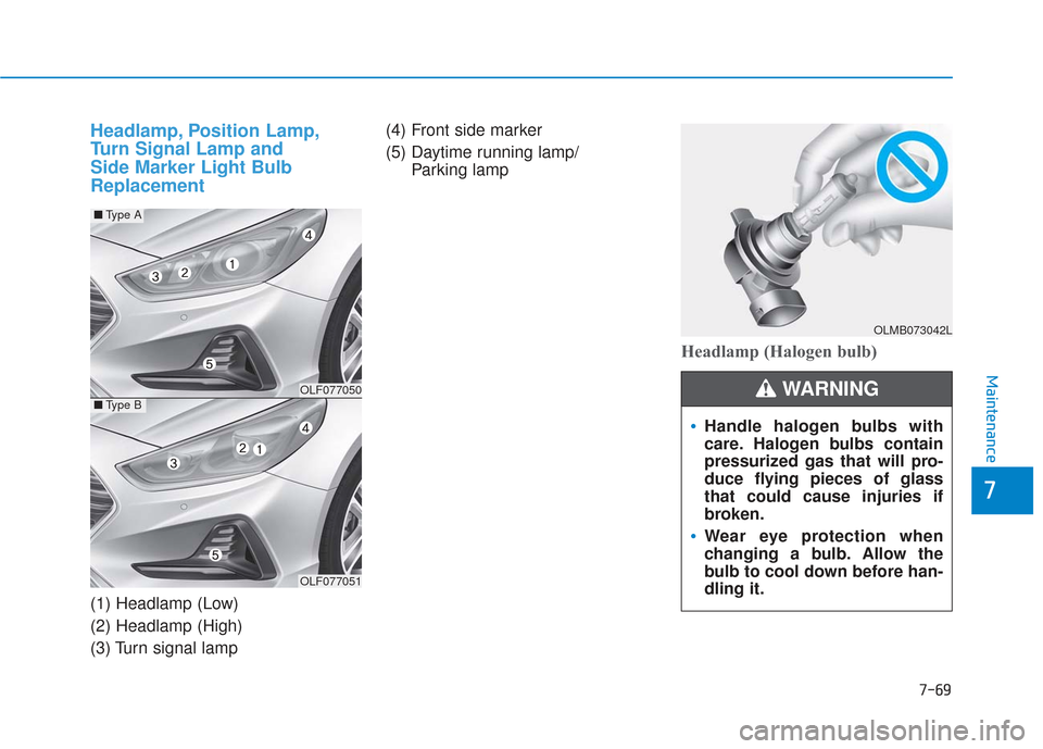 Hyundai Sonata 2018  Owners Manual 7-69
7
Maintenance
Headlamp, Position Lamp,
Turn Signal Lamp and 
Side Marker Light Bulb
Replacement
(1) Headlamp (Low)
(2) Headlamp (High)
(3) Turn signal lamp(4) Front side marker
(5) Daytime runnin