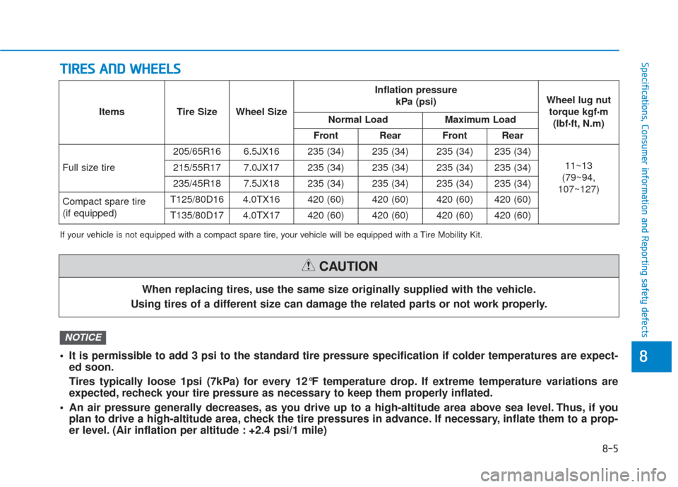 Hyundai Sonata 2018 Owners Manual 8-5
88
Specifications, Consumer information and Reporting safety defectsT
TI
IR
R E
ES
S
A
A N
N D
D
W
W H
HE
EE
EL
LS
S
When replacing tires, use the same size originally supplied with the vehicl Hyundai Sonata 2018 Owners Manual 8-5
88
Specifications, Consumer information and Reporting safety defectsT
TI
IR
R E
ES
S
A
A N
N D
D
W
W H
HE
EE
EL
LS
S
When replacing tires, use the same size originally supplied with the vehicl