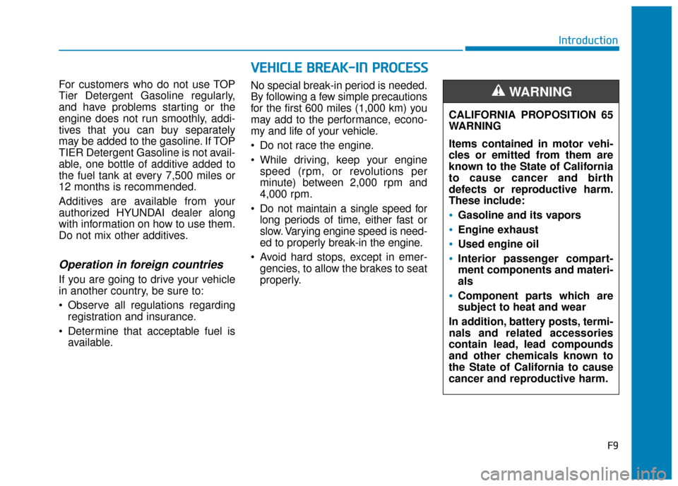 Hyundai Sonata 2018  Owners Manual F9
Introduction
For customers who do not use TOP
Tier Detergent Gasoline regularly,
and have problems starting or the
engine does not run smoothly, addi-
tives that you can buy separately
may be added