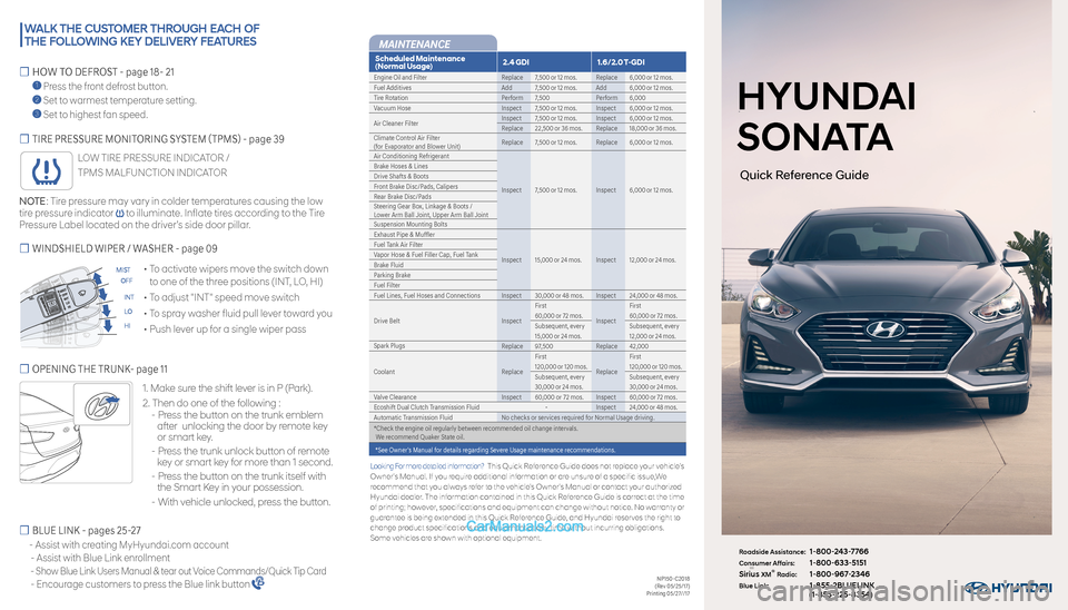 Hyundai Sonata 2018  Quick Reference Guide NP150-C2018(Rev 05/25/17)Printing 05/27//17
☐ BLUE LINK - pages 25-27
     -  Assist with creating MyHyundai.com account
  - Assist with Blue Link enrollment
  - Show Blue Link Users Manual & tear o