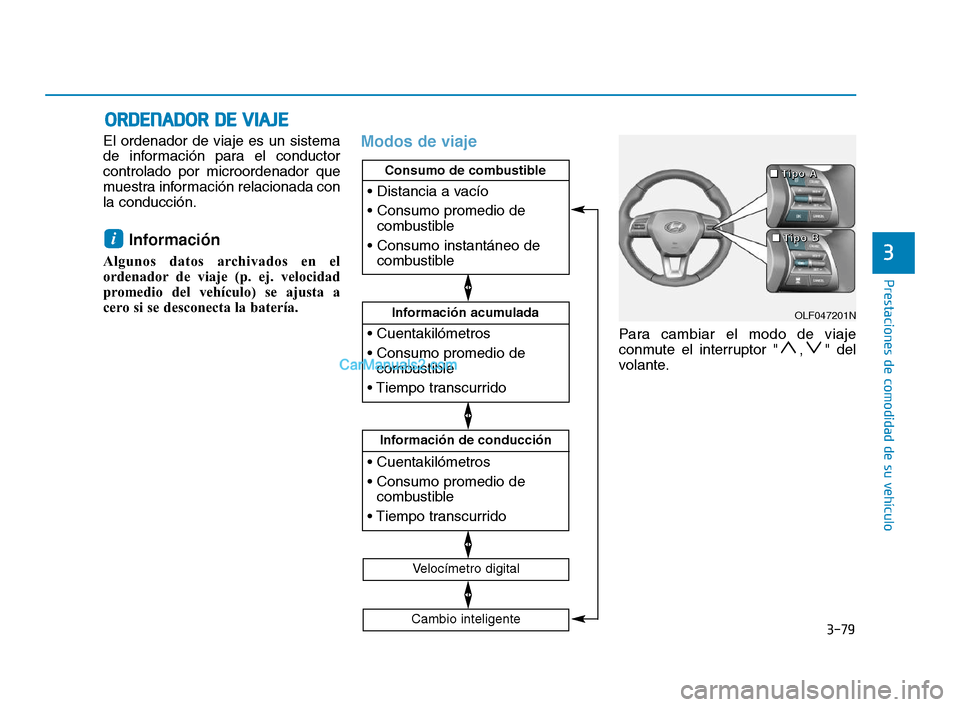 Hyundai Sonata 2018 Manual del propietario (in Spanish) 3-79
Prestaciones de comodidad de su vehÃculo
El ordenador de viaje es un sistema
de información para el conductor
controlado por microordenador que
muestra información relacionada con
la conduccià Hyundai Sonata 2018 Manual del propietario (in Spanish) 3-79
Prestaciones de comodidad de su vehÃculo
El ordenador de viaje es un sistema
de información para el conductor
controlado por microordenador que
muestra información relacionada con
la conducciÃ
