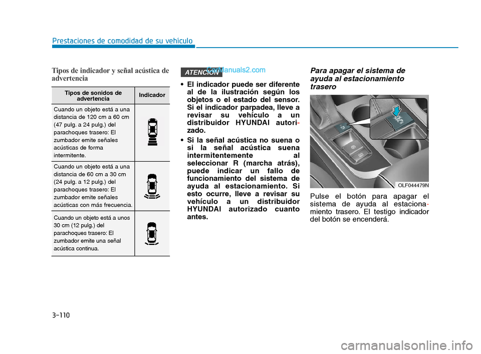 Hyundai Sonata 2018 Manual del propietario (in Spanish) 3-110
Prestaciones de comodidad de su vehÃculo
Tipos de indicador y señal acústica de
advertencia
El indicador puede ser diferenteal de la ilustración según los
objetos o el estado del sensor.
S Hyundai Sonata 2018 Manual del propietario (in Spanish) 3-110
Prestaciones de comodidad de su vehÃculo
Tipos de indicador y señal acústica de
advertencia
El indicador puede ser diferenteal de la ilustración según los
objetos o el estado del sensor.
S