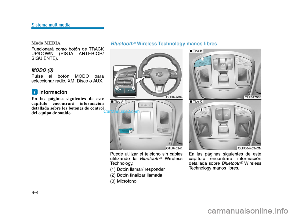 Hyundai Sonata 2018 Manual del propietario (in Spanish) 4-4
Modo MEDIA
Funcionará como botón de TRACK
UP/DOWN (PISTA ANTERIOR/
SIGUIENTE).
MODO (3)
Pulse el botón MODO para
seleccionar radio, XM, Disco o AUX.
Información
En las páginas siguientes de Hyundai Sonata 2018 Manual del propietario (in Spanish) 4-4
Modo MEDIA
Funcionará como botón de TRACK
UP/DOWN (PISTA ANTERIOR/
SIGUIENTE).
MODO (3)
Pulse el botón MODO para
seleccionar radio, XM, Disco o AUX.
Información
En las páginas siguientes de