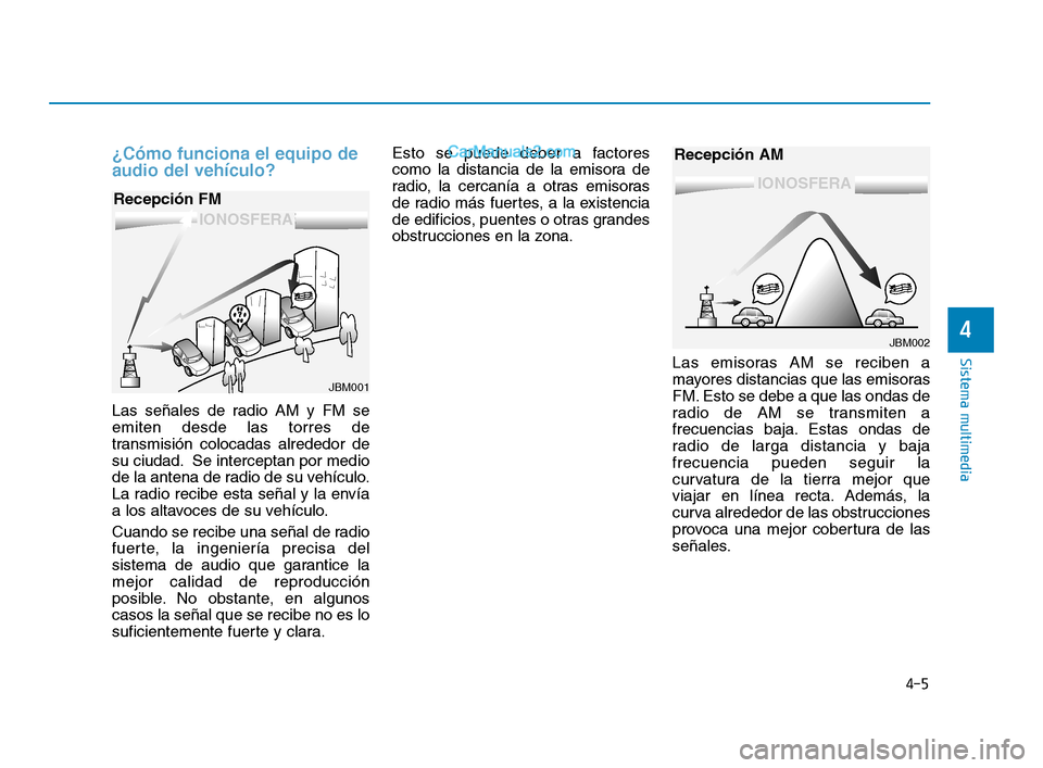 Hyundai Sonata 2018 Manual del propietario (in Spanish) ¿Cómo funciona el equipo de
audio del vehículo?
Las señales de radio AM y FM se
emiten desde las torres de
transmisión colocadas alrededor de
su ciudad. Se interceptan por medio
de la antena de r Hyundai Sonata 2018 Manual del propietario (in Spanish) ¿Cómo funciona el equipo de
audio del vehículo?
Las señales de radio AM y FM se
emiten desde las torres de
transmisión colocadas alrededor de
su ciudad. Se interceptan por medio
de la antena de r