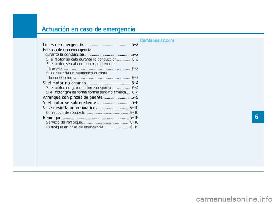 Hyundai Sonata 2018 Manual del propietario (in Spanish) Actuación en caso de emergencia
6
Luces de emergencia.............................................6-2
En caso de una emergencia durante la conducción ............................................6-2
Hyundai Sonata 2018 Manual del propietario (in Spanish) Actuación en caso de emergencia
6
Luces de emergencia.............................................6-2
En caso de una emergencia durante la conducción ............................................6-2
