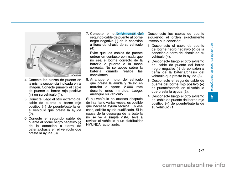 Hyundai Sonata 2018 Manual del propietario (in Spanish) 6-7
Actuación en caso de emergencia
6
4. Conecte las pinzas de puente enla misma secuencia indicada en la
imagen. Conecte primero el cable
de puente al borne rojo positivo
(+) en su vehículo (1).
5. Hyundai Sonata 2018 Manual del propietario (in Spanish) 6-7
Actuación en caso de emergencia
6
4. Conecte las pinzas de puente enla misma secuencia indicada en la
imagen. Conecte primero el cable
de puente al borne rojo positivo
(+) en su vehículo (1).
5.