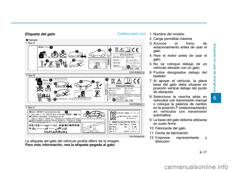 Hyundai Sonata 2018  Manual del propietario (in Spanish) 6-17
Actuación en caso de emergencia
6
Etiqueta del gato1. Nombre del modelo
2. Carga permitida máxima
3. Accione el freno deestacionamiento antes de usar el
gato.
4. Pare el motor antes de usar el 