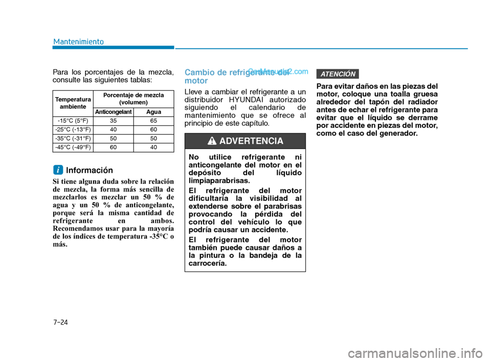 Hyundai Sonata 2018 Manual del propietario (in Spanish) 7-24
Mantenimiento
Para los porcentajes de la mezcla,
consulte las siguientes tablas:
Información
Si tiene alguna duda sobre la relación
de mezcla, la forma más sencilla de
mezclarlos es mezclar un Hyundai Sonata 2018 Manual del propietario (in Spanish) 7-24
Mantenimiento
Para los porcentajes de la mezcla,
consulte las siguientes tablas:
Información
Si tiene alguna duda sobre la relación
de mezcla, la forma más sencilla de
mezclarlos es mezclar un