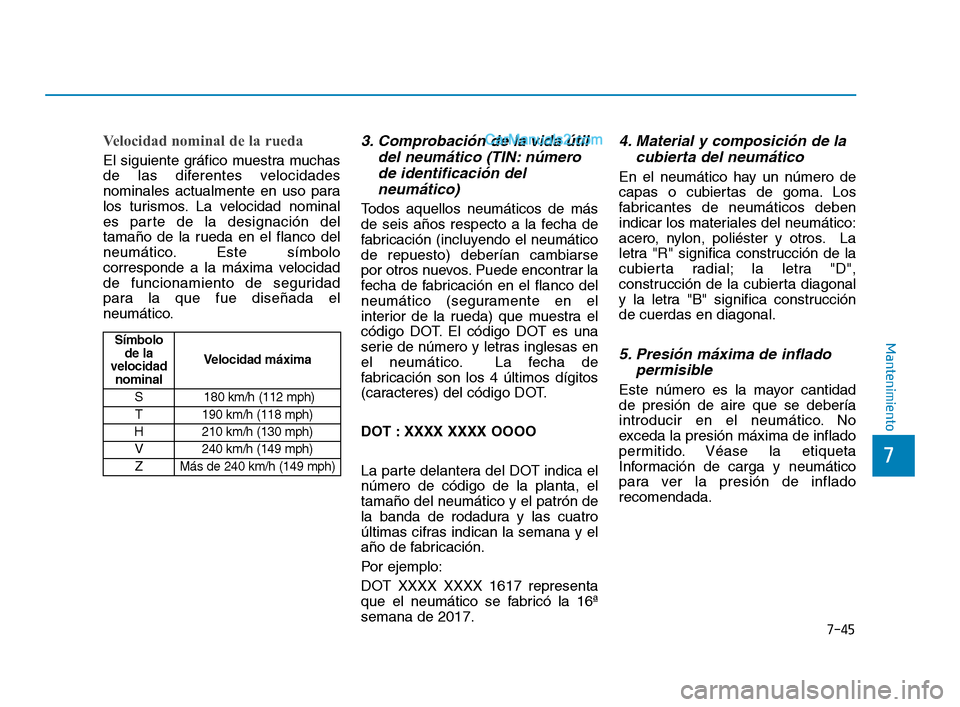 Hyundai Sonata 2018 Manual del propietario (in Spanish) 7-45
7
Mantenimiento
Velocidad nominal de la rueda
El siguiente gráfico muestra muchas
de las diferentes velocidades
nominales actualmente en uso para
los turismos. La velocidad nominal
es parte de l Hyundai Sonata 2018 Manual del propietario (in Spanish) 7-45
7
Mantenimiento
Velocidad nominal de la rueda
El siguiente gráfico muestra muchas
de las diferentes velocidades
nominales actualmente en uso para
los turismos. La velocidad nominal
es parte de l