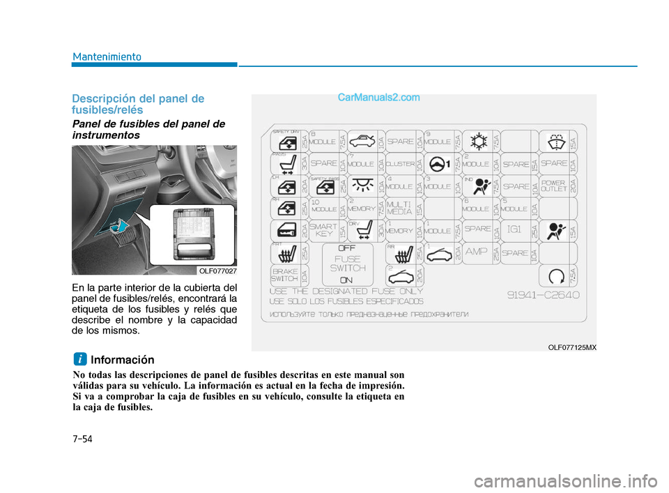 Hyundai Sonata 2018 Manual del propietario (in Spanish) 7-54
Mantenimiento
Descripción del panel de
fusibles/relés
Panel de fusibles del panel deinstrumentos
En la parte interior de la cubierta del
panel de fusibles/relés, encontrará la
etiqueta Hyundai Sonata 2018 Manual del propietario (in Spanish) 7-54
Mantenimiento
Descripción del panel de
fusibles/relés
Panel de fusibles del panel deinstrumentos
En la parte interior de la cubierta del
panel de fusibles/relés, encontrará la
etiqueta