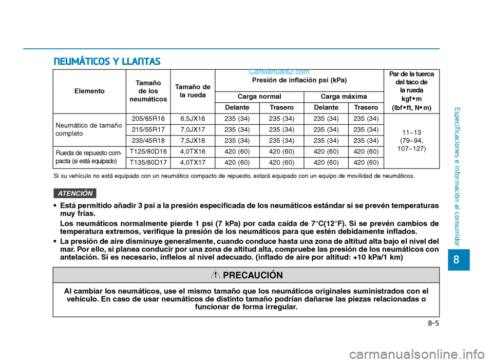 Hyundai Sonata 2018  Manual del propietario (in Spanish) 8-5
8
Especificaciones e información al consumidor
N
N E
E U
U M
M Á
Á T
T I
I C
C O
O S
S  
  Y
Y  
  L
L L
L A
A N
N T
T A
A S
S
Si su vehículo no está equipado con un neumático compacto de re