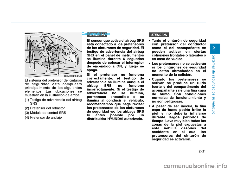 Hyundai Sonata 2018  Manual del propietario (in Spanish) 2-31
Sistemas de seguridad de su vehículo
2
El sistema del pretensor del cinturón
de seguridad está compuesto
principalmente de los siguientes
elementos. Las ubicaciones se
muestran en la ilustraci