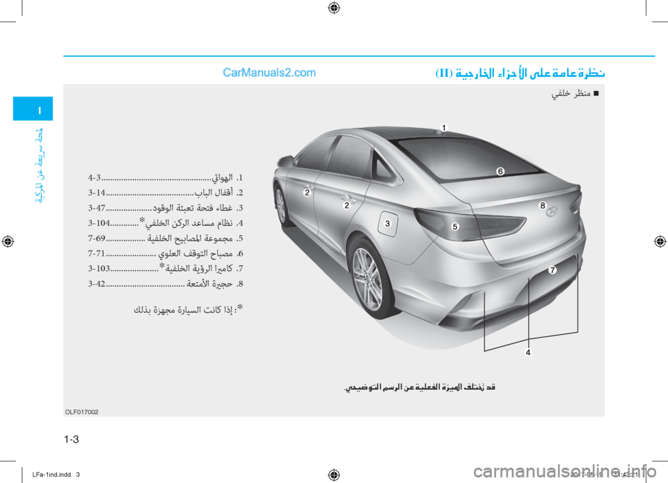Hyundai Sonata 2018  دليل المالك �/
ﺔﺒﻛﺮﳌا ﻦﻋ ﺔﻌﻳﴎ ﺔﺤﳌ
1-�
OLF017002
4-3 ..................................................ئياﻮﻬﻟا  .1
3-14 ........................................ بﺎﺒﻟ