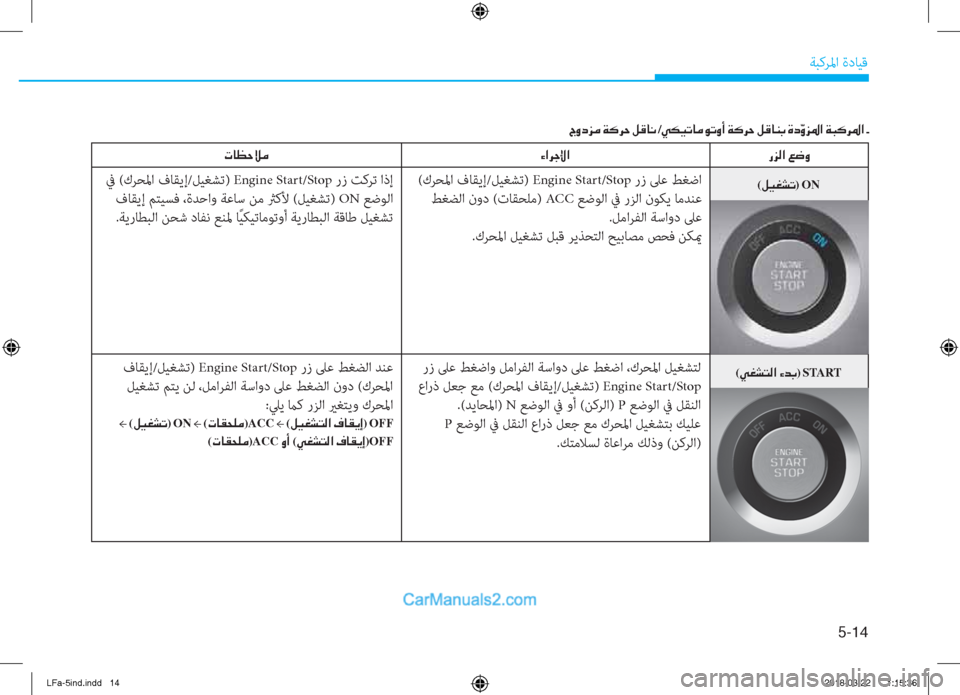 Hyundai Sonata 2018  دليل المالك 5-��
ﺔﺒﻛﺮﳌا ةدﺎﻴﻗ
(�Ì�©�p�L�¸�?��Ò�d�G)�START
�g�j�¸�?��¦�w�È
 (كﺮﺤﳌا فﺎﻘﻳإ/ﻞﻴﻐﺸﺗ) Engine Start/Stop رز ﲆﻋ ﻂﻐﺿا
 ﻂﻐﻀﻟا ن