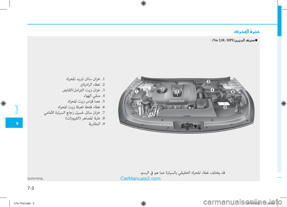 Hyundai Sonata 2018  دليل المالك 7-3
�5
ﺔﻧﺎﻴﺼﻟا
OLF017012L
�·�h��?��Î�h�T�W
(Nu 2.0L MPI)�Â�Ê�j�Á�H�¸�?��·�h�ˆ��Q
كﺮﺤﳌا ﺪﻳﱪﺗ ﻞﺋﺎﺳ ناﺰﺧ  .1
 يرﺗﺎﻳداﺮﻟا ءﺎﻄﻏ 
