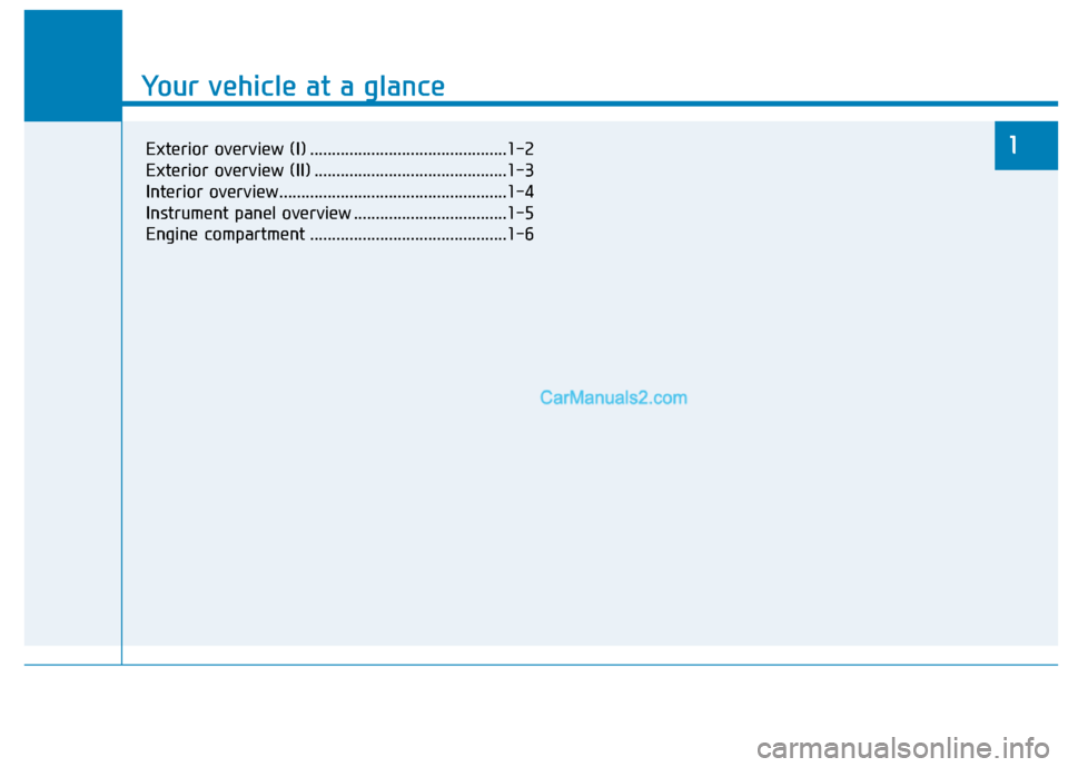 Hyundai Sonata 2017  Owners Manual Your vehicle at a glance
1
Your vehicle at a glance
1Exterior overview (I) .............................................1-2
Exterior overview (II) ............................................1-3
Inter