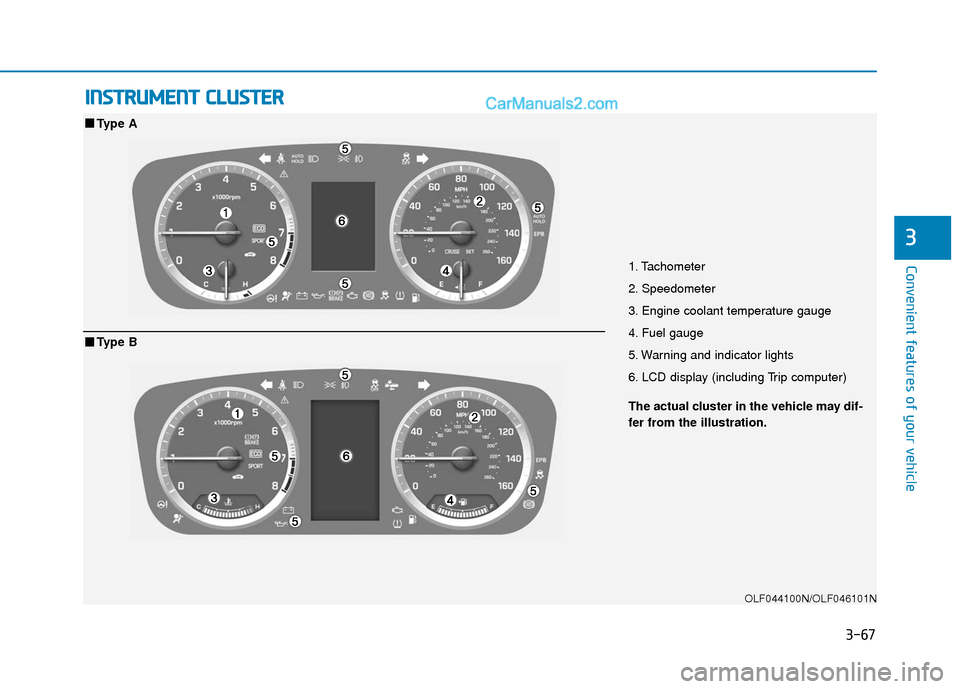 Hyundai Sonata 2017  Owners Manual 3-67
Convenient features of your vehicle
3
I
IN
N S
ST
T R
R U
U M
M E
EN
N T
T 
 C
C L
LU
U S
ST
T E
ER
R
1. Tachometer
2. Speedometer
3. Engine coolant temperature gauge
4. Fuel gauge
5. Warning and