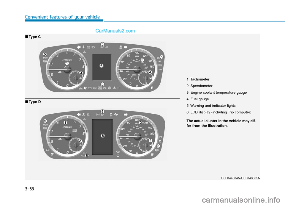 Hyundai Sonata 2017  Owners Manual 3-68
Convenient features of your vehicle
1. Tachometer
2. Speedometer
3. Engine coolant temperature gauge
4. Fuel gauge
5. Warning and indicator lights
6. LCD display (including Trip computer)
OLF0445