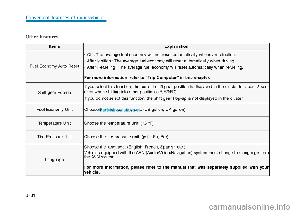 Hyundai Sonata 2017  Owners Manual 3-84
Convenient features of your vehicle
Other Features
ItemsExplanation
Fuel Economy Auto Reset
 The average fuel economy will not reset automatically whenever refueling.
 The average fuel economy wi