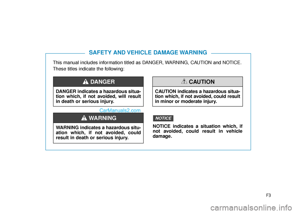 Hyundai Sonata 2017  Owners Manual F3
This manual includes information titled as DANGER, WARNING, CAUTION and NOTICE.
These titles indicate the following:
SAFETY AND VEHICLE DAMAGE WARNING
DANGER indicates a hazardous situa-
tion which