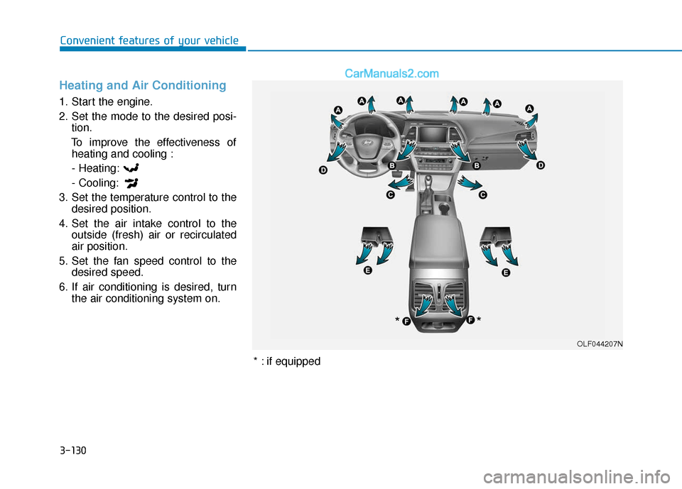 Hyundai Sonata 2017  Owners Manual 3-130
Convenient features of your vehicle
Heating and Air Conditioning
1. Start the engine.
2. Set the mode to the desired posi-tion.
To improve the effectiveness of heating and cooling :
- Heating:
-