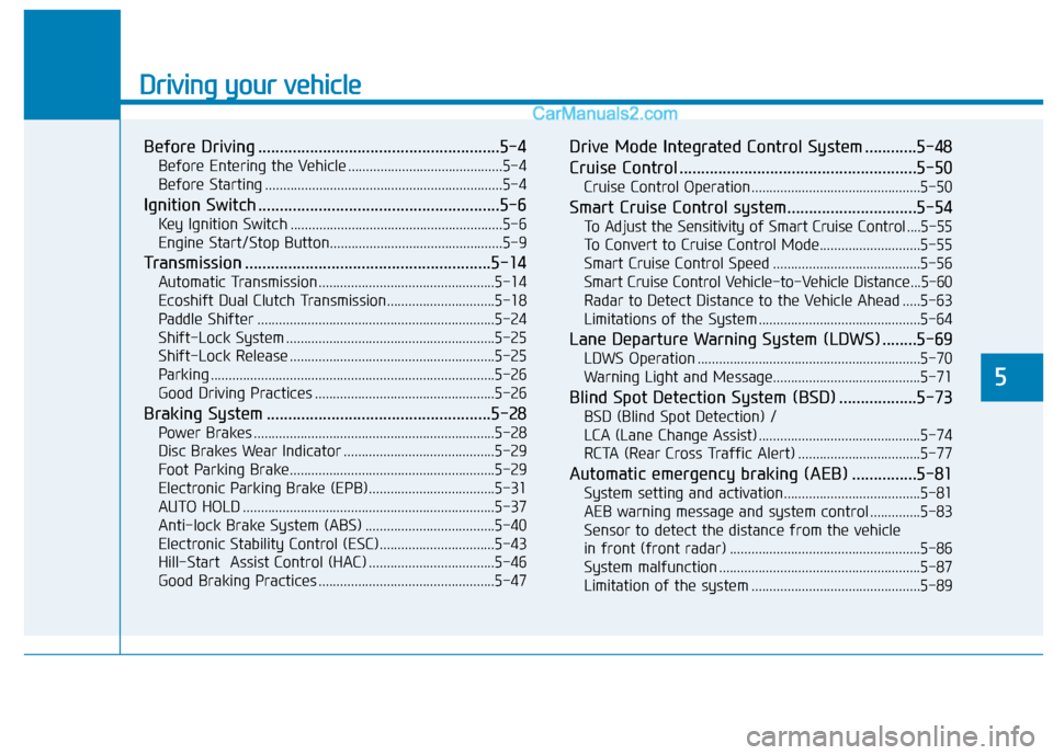 Hyundai Sonata 2017  Owners Manual Driving your vehicle
5
Before Driving ........................................................5-4
Before Entering the Vehicle ...........................................5-4
Before Starting ...........