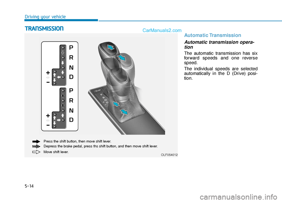 Hyundai Sonata 2017  Owners Manual 5-14
Driving your vehicle
Automatic Transmission
Automatic transmission opera-tion 
The automatic transmission has six
forward speeds and one reverse
speed.
The individual speeds are selected
automati