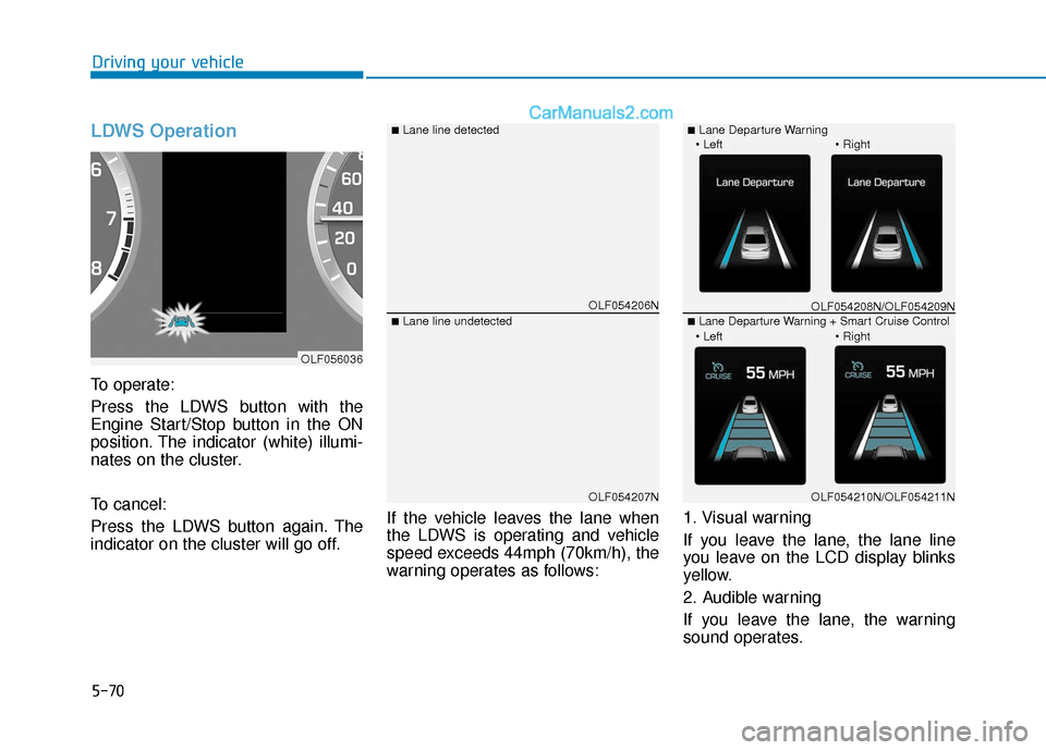 Hyundai Sonata 2017  Owners Manual 5-70
Driving your vehicle
LDWS Operation
To operate:
Press the LDWS button with the
Engine Start/Stop button in the ON
position. The indicator (white) illumi-
nates on the cluster.
To cancel:
Press th