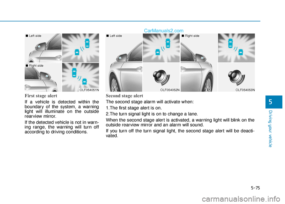 Hyundai Sonata 2017 Owners Manual 5-75
Driving your vehicle
5
First stage alert
If a vehicle is detected within the
boundary of the system, a warning
light will illuminate on the outside
rearview mirror.
If the detected vehicle is not Hyundai Sonata 2017 Owners Manual 5-75
Driving your vehicle
5
First stage alert
If a vehicle is detected within the
boundary of the system, a warning
light will illuminate on the outside
rearview mirror.
If the detected vehicle is not