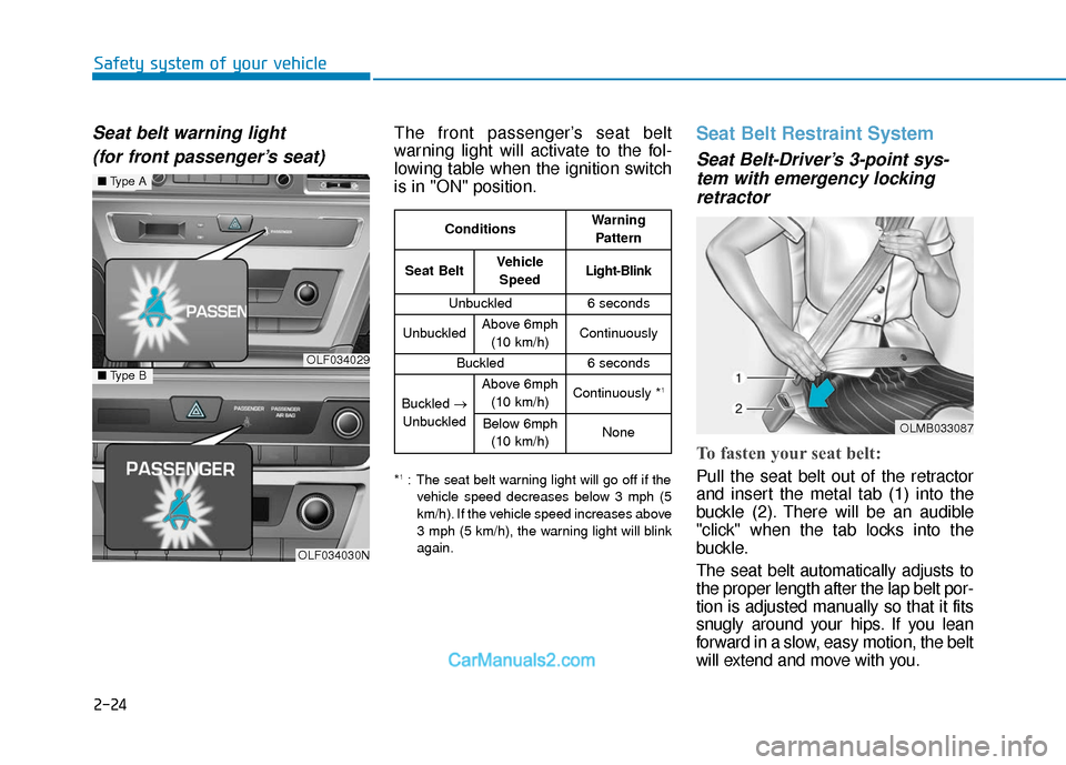 Hyundai Sonata 2017 Service Manual 2-24
Safety system of your vehicle
Seat belt warning light(for front passenger’s seat)The front passenger’s seat belt
warning light will activate to the fol-
lowing table when the ignition switch
Hyundai Sonata 2017 Service Manual 2-24
Safety system of your vehicle
Seat belt warning light(for front passenger’s seat)The front passenger’s seat belt
warning light will activate to the fol-
lowing table when the ignition switch