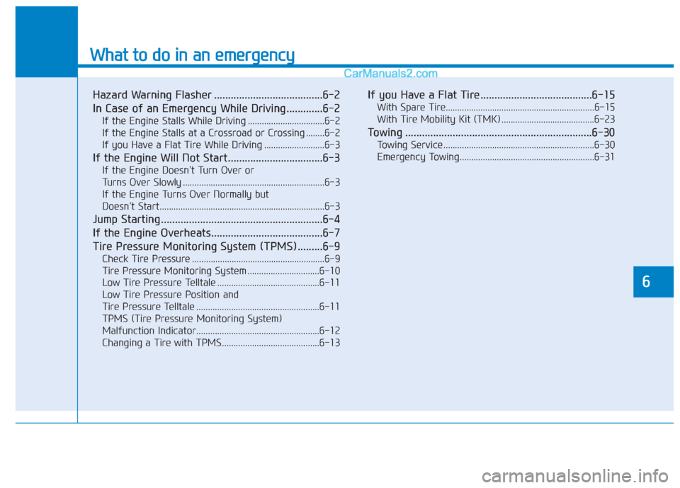 Hyundai Sonata 2017  Owners Manual What to do in an emergency
6
Hazard Warning Flasher .......................................6-2
In Case of an Emergency While Driving.............6-2
If the Engine Stalls While Driving ................