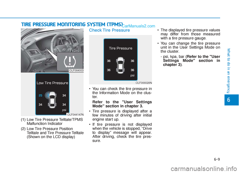 Hyundai Sonata 2017  Owners Manual 6-9
What to do in an emergency
6
T
TI
IR
R E
E 
 P
P R
R E
ES
SS
SU
U R
RE
E 
 M
M O
ON
NI
IT
T O
O R
RI
IN
N G
G 
 S
S Y
Y S
ST
T E
EM
M  
 (
( T
T P
P M
M S
S)
)
(1) Low Tire Pressure Telltale/TPMS
